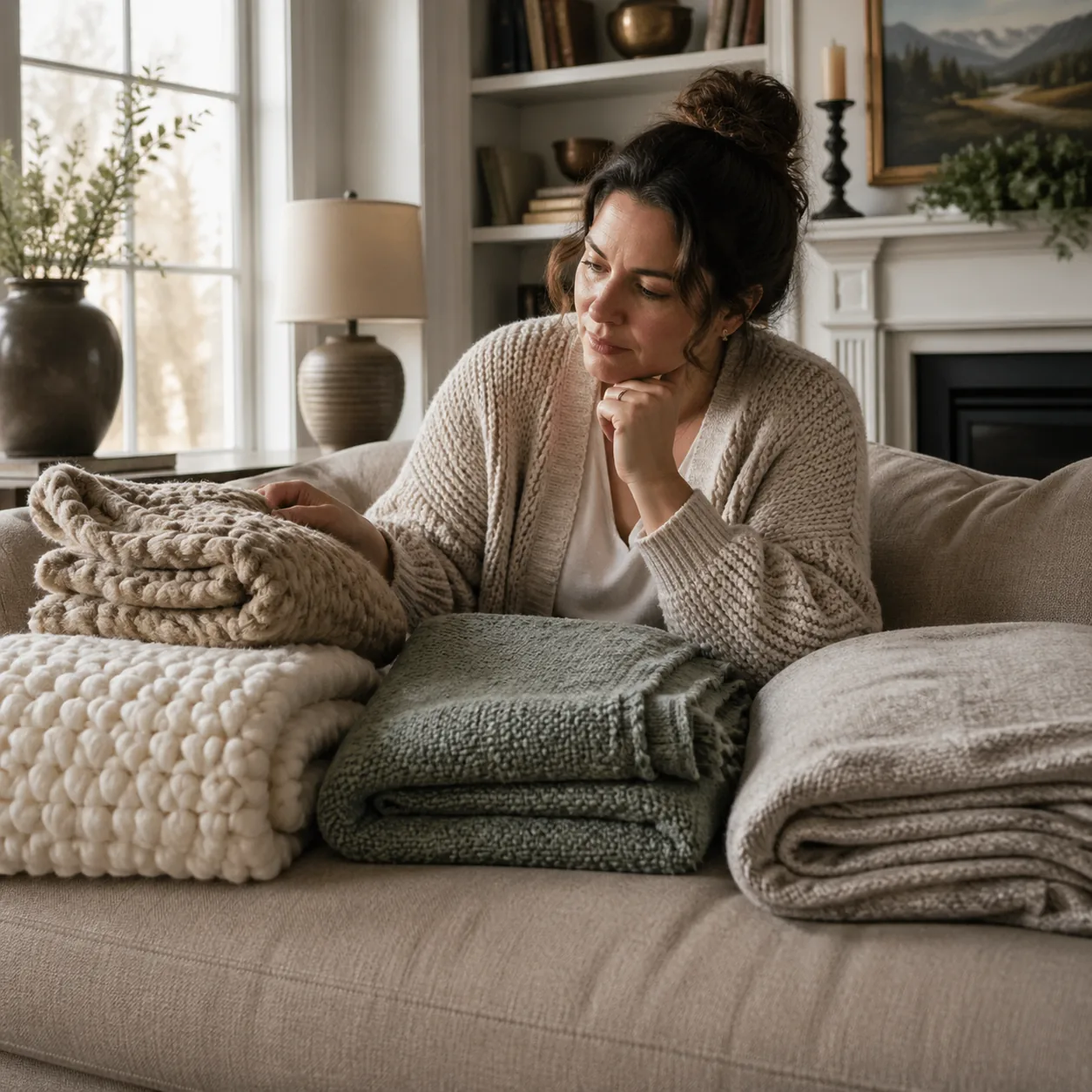 Realistic photo of folded throw blankets in different textures on a sofa while wife compares them thoughtfully, cozy liv