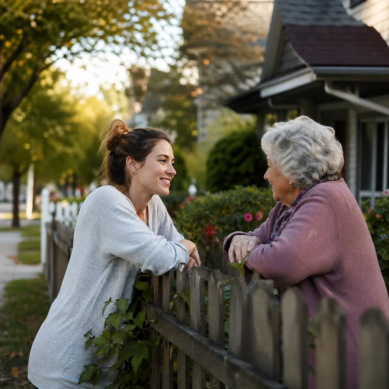Warm editorial photo of a young woman chatting warmly with an older neighbor over a fence in a quiet suburban neighborho