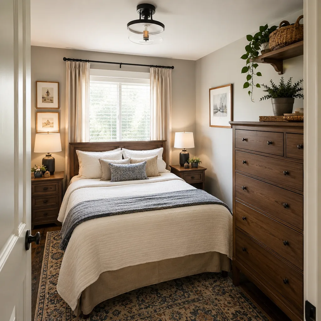 Realistic editorial photo of a compact American bedroom with bed, nightstands, window, dresser, and tight walkways showing small room with tall storage