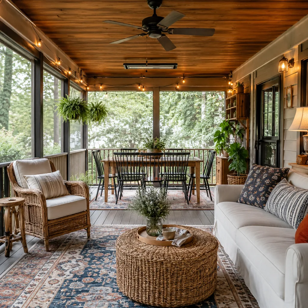 Realistic editorial photo of a home interior with vintage decor, modern furniture, warm wood, patterned accents, and layered lighting showing screened porch wit