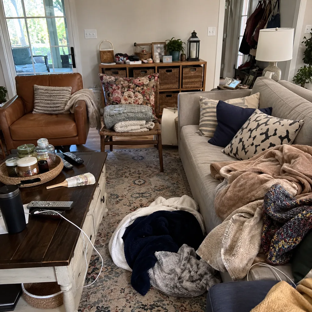 Realistic editorial photo of a living room with crowded surfaces, extra chairs, baskets, blankets, cords, and storage furniture showing blankets that have no ba