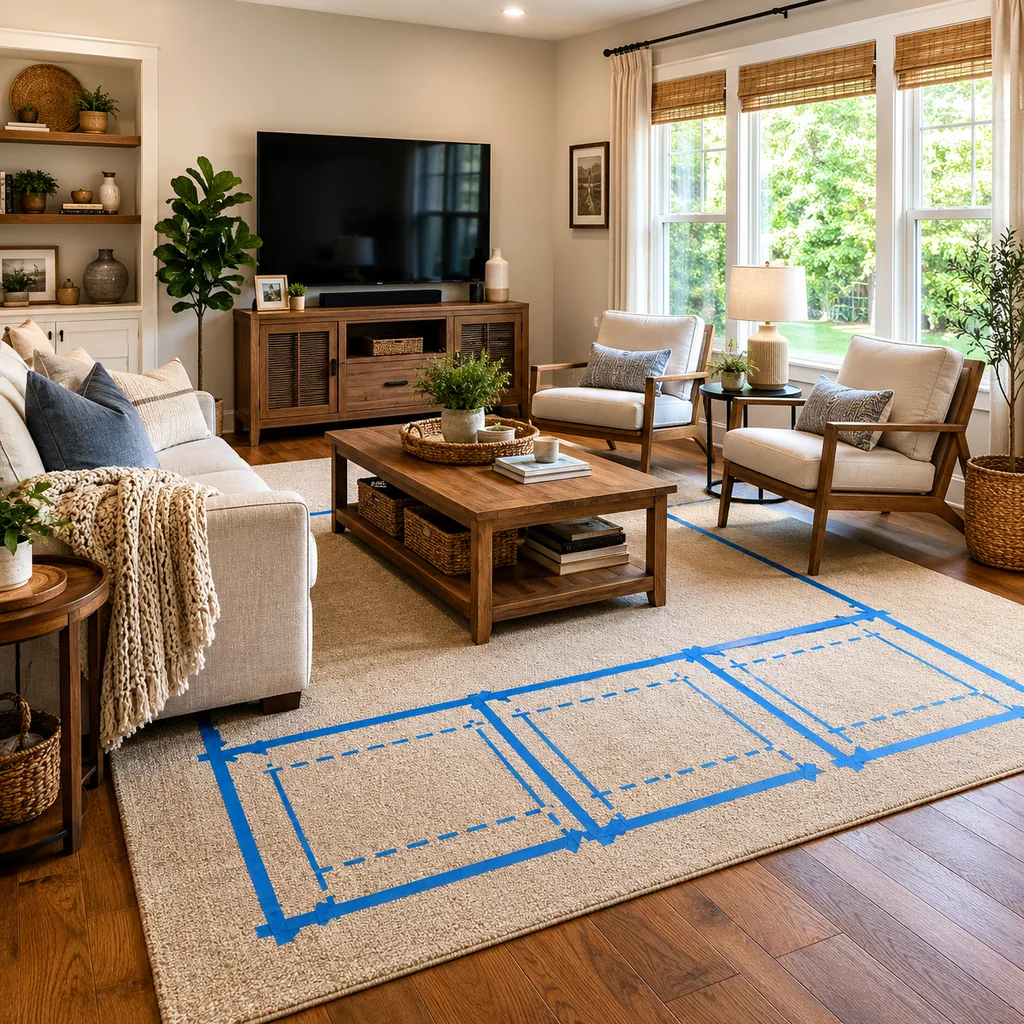 Realistic editorial photo of a living room with sofa, chairs, rug, TV, windows, and taped layout marks showing under-bed storage that still breathes