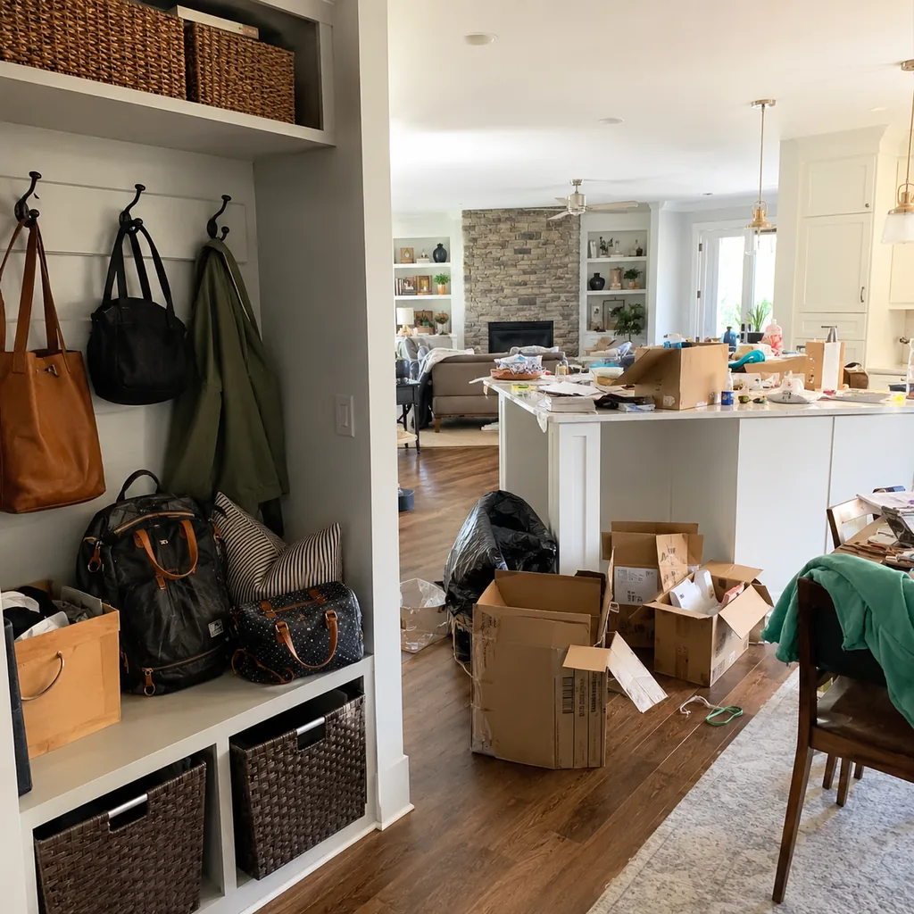 Realistic editorial photo of a realistic cluttered living room and kitchen area with boxes, counters, shelves, and organizing bins showing mudroom bench covered