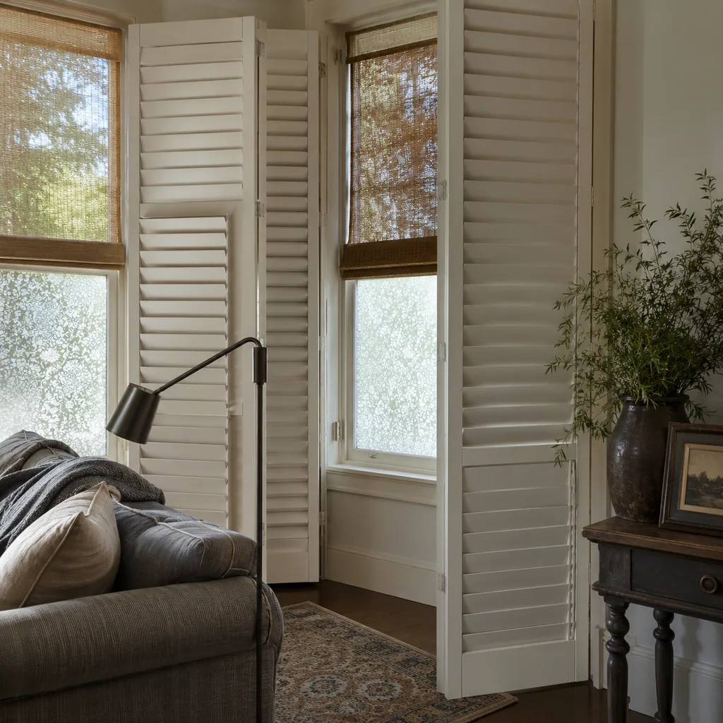 Realistic editorial photo of a room with windows, shades, shutters, woven panels, privacy film, and soft natural light showing interior shutters that crowd furn