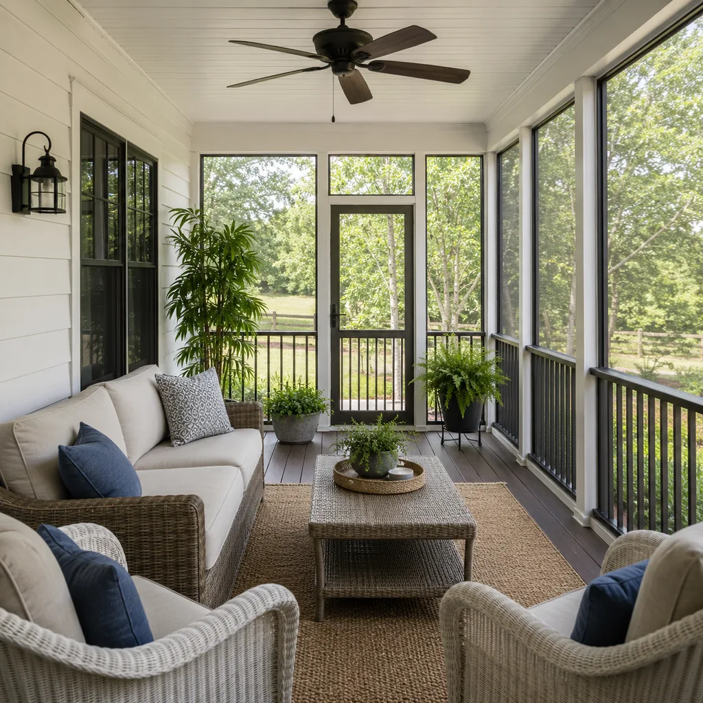 Realistic editorial photo of a screened porch with sofa, chairs, rug, plants, ceiling fan, screens, and soft daylight showing seating that fits the porch depth