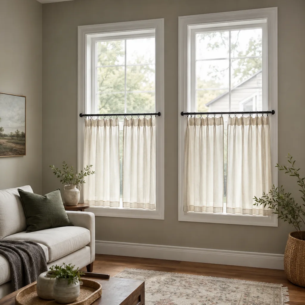Realistic editorial photo of a small American room with windows, curtains, rods