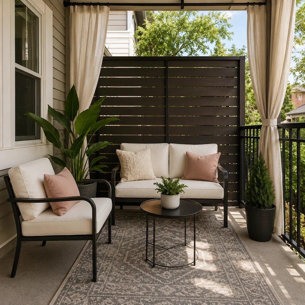 Realistic editorial photo of a small patio with compact seating, outdoor rug, plants, side table, curtains, and privacy screen showing no storage for cushions