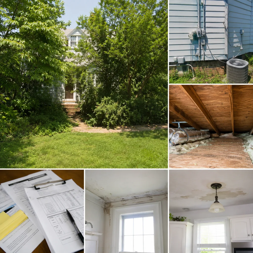 Realistic editorial photo of a suburban American home with appraisal paperwork, exterior details, utilities, and interior repair clues showing landscaping that 