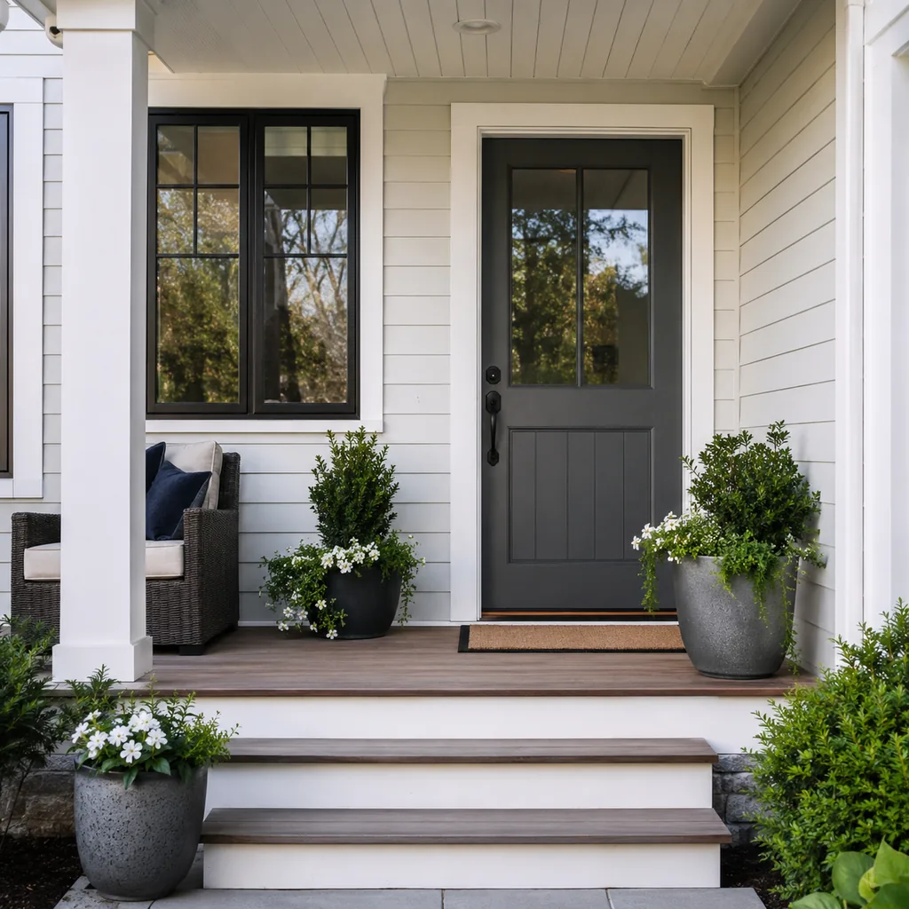 Realistic editorial photo of an American front porch with siding, steps, planters, seating, and a visible front door showing threshold that looks fresh