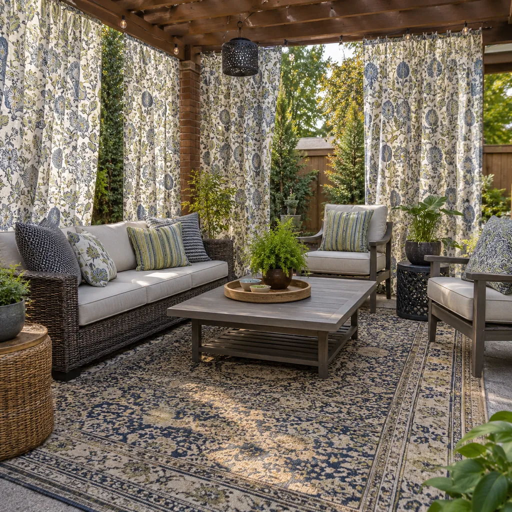 Realistic editorial photo of an outdoor patio with pergola curtains, seating, plants, fabric panels, and sunlight showing pattern competing with the rug