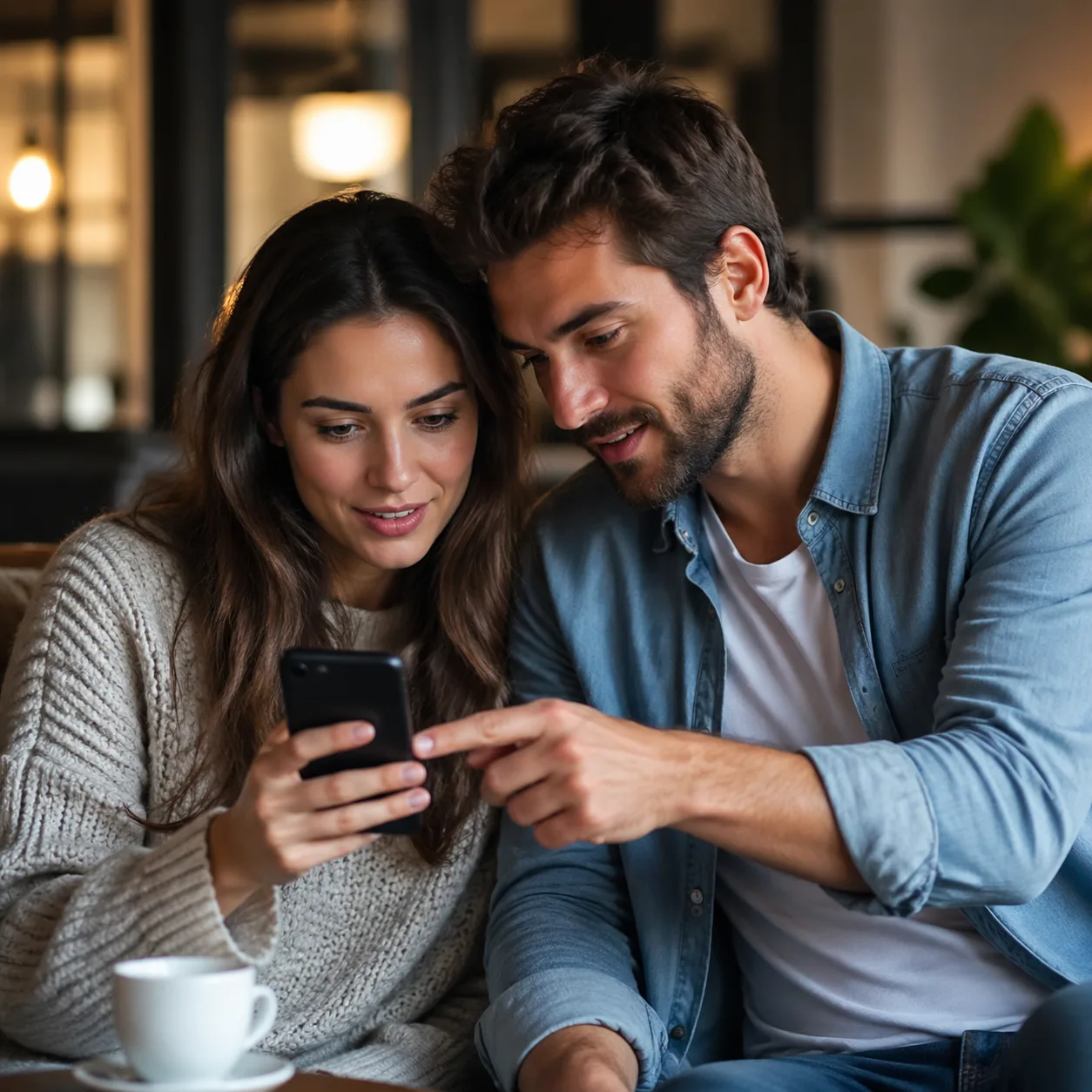 Realistic lifestyle photo of a couple looking at restaurant options on a phone with the husband leaning in confidently