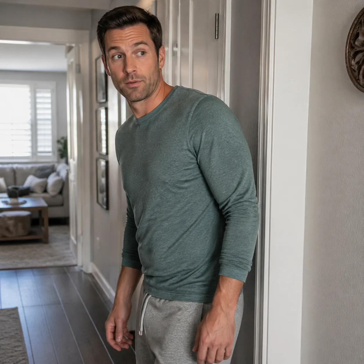 Realistic photo of husband pausing in a hallway after hearing wife call from another room, playful uncertain expression,