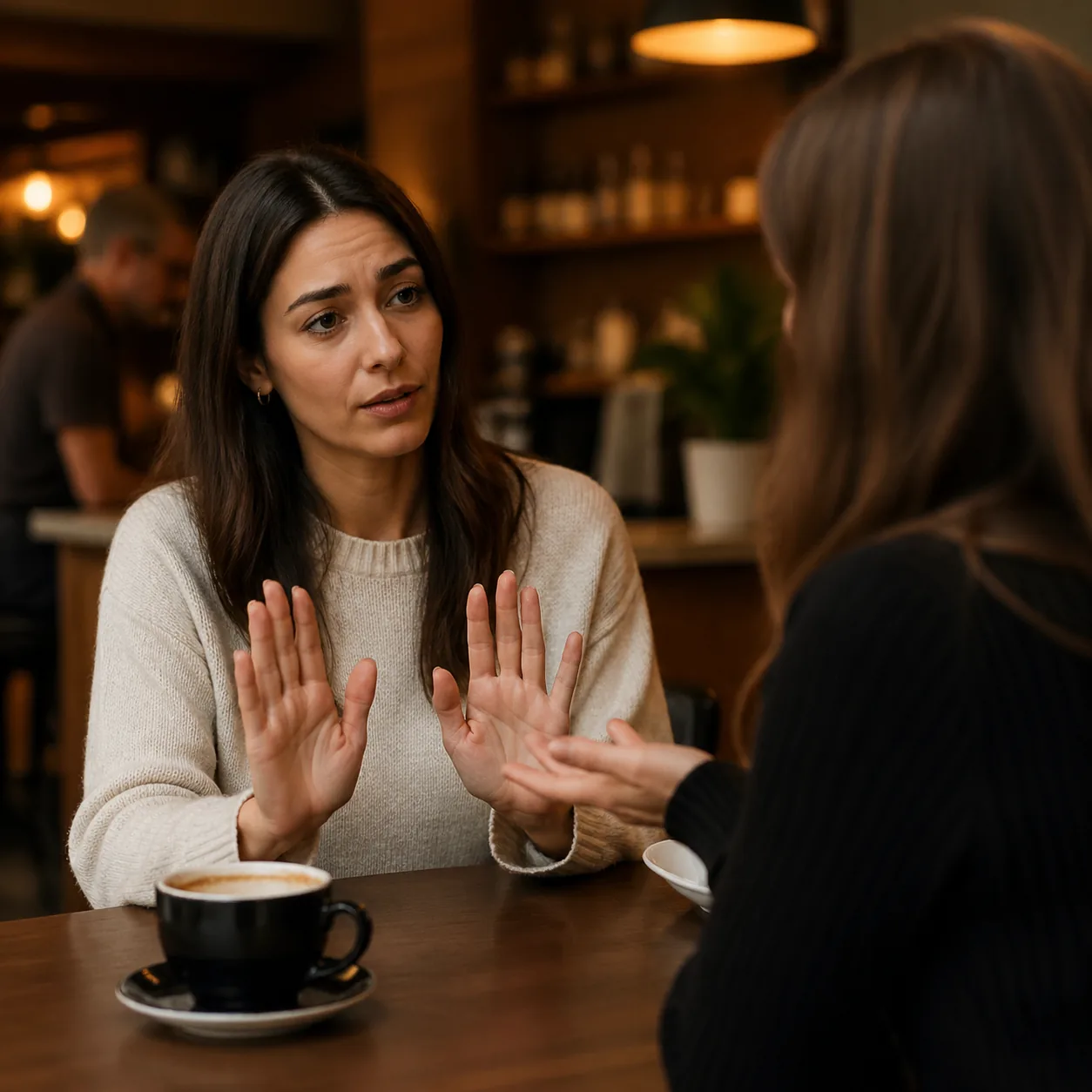 Warm editorial photo of a young woman calmly declining a request from a friend, polite but firm posture, sitting at a co