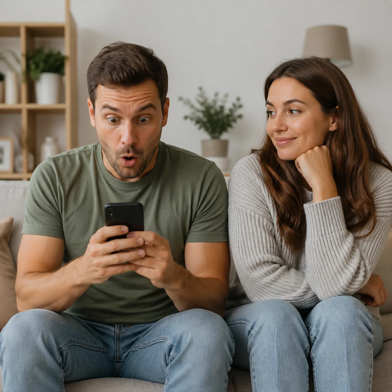 Funny realistic lifestyle photo of a husband checking his phone and looking surprised at unread messages while his wife 