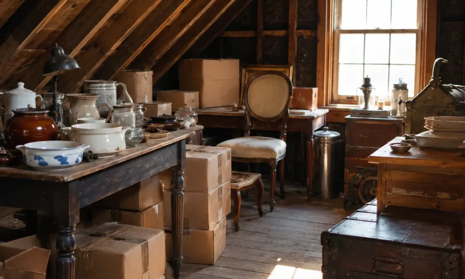 Realistic editorial photo of a dusty attic with boxes, old furniture, vintage kitchenware, and warm window light showing estate sale boxes under tables
