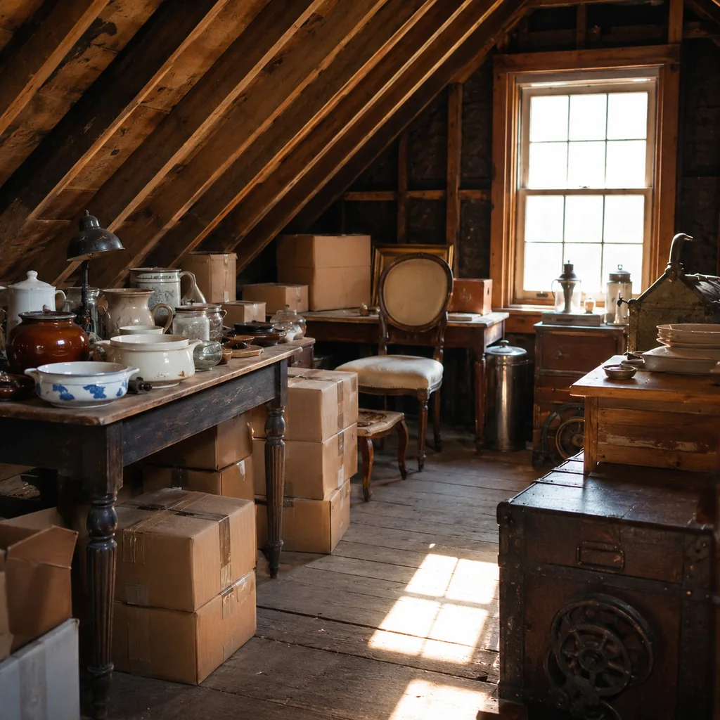 Realistic editorial photo of a dusty attic with boxes, old furniture, vintage kitchenware, and warm window light showing estate sale boxes under tables