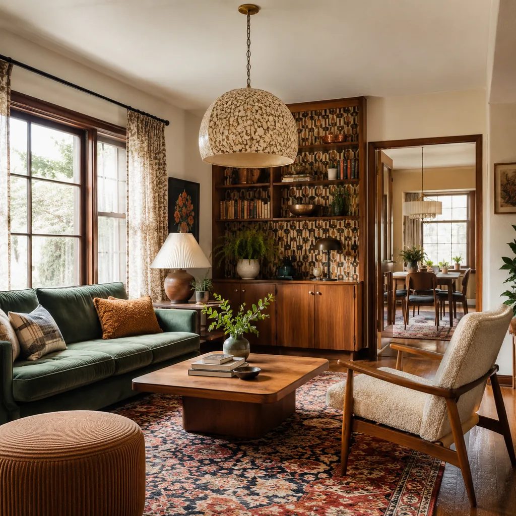 Realistic editorial photo of a home interior with vintage decor, modern furniture, warm wood, patterned accents, and layered lighting showing dated trend made f