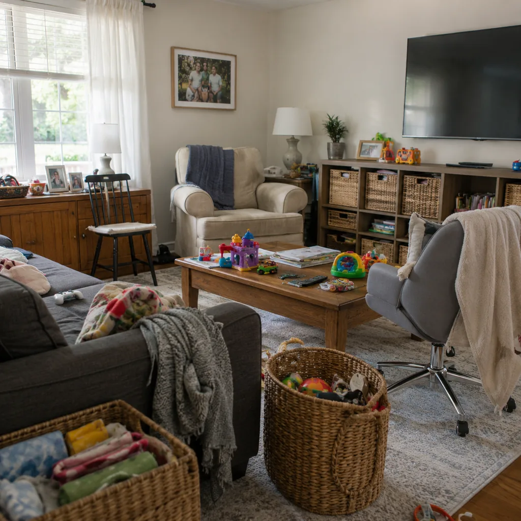 Realistic editorial photo of a living room with crowded surfaces, extra chairs, baskets, blankets, cords, and storage furniture showing toys without a reset rul