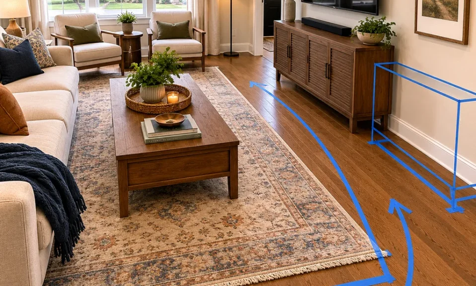 Realistic editorial photo of a living room with sofa, chairs, rug, TV, windows, and taped layout marks showing dresser that does not block the path