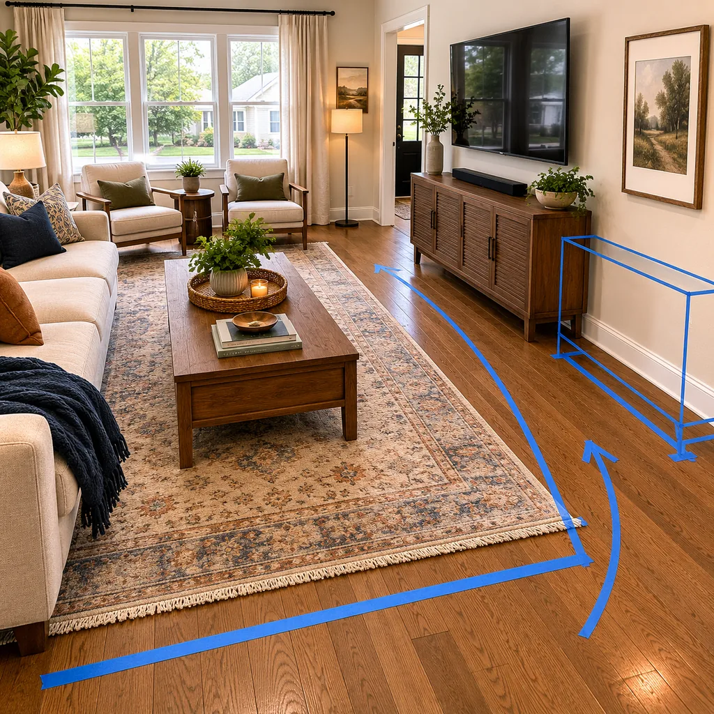 Realistic editorial photo of a living room with sofa, chairs, rug, TV, windows, and taped layout marks showing dresser that does not block the path