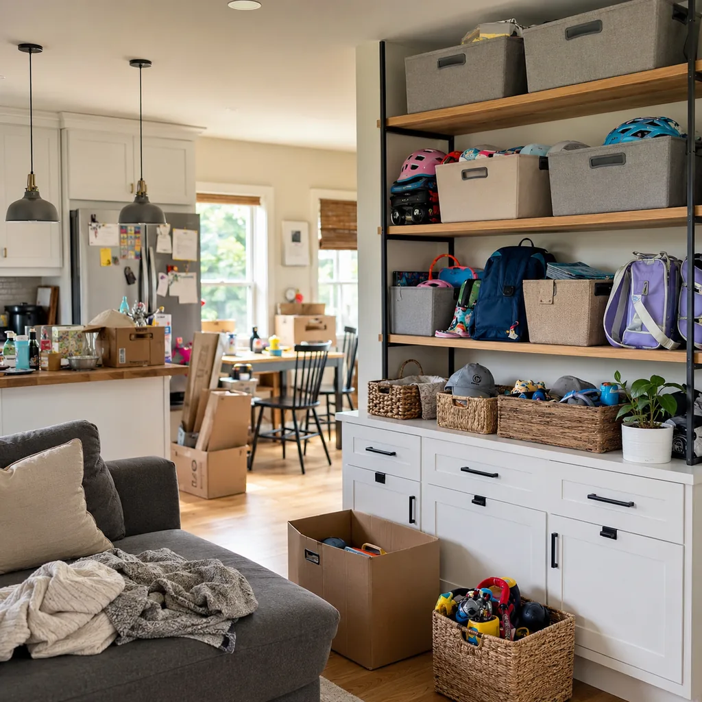 Realistic editorial photo of a realistic cluttered living room and kitchen area with boxes, counters, shelves, and organizing bins showing kids' gear stored at 