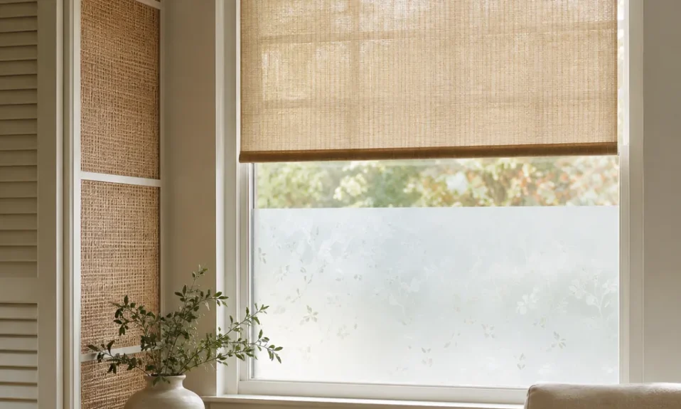 Realistic editorial photo of a room with windows, shades, shutters, woven panels, privacy film, and soft natural light showing tension rod used as a permanent f