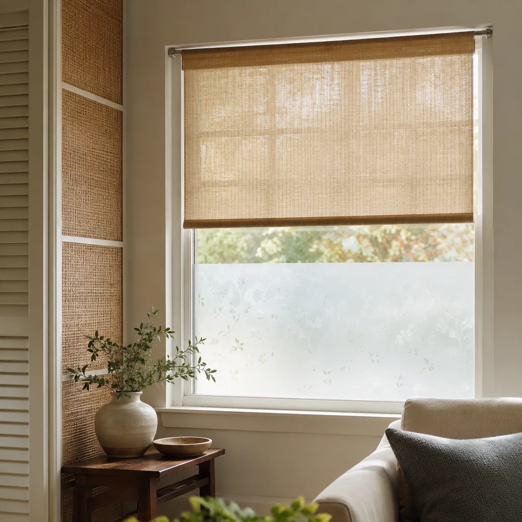 Realistic editorial photo of a room with windows, shades, shutters, woven panels, privacy film, and soft natural light showing tension rod used as a permanent f
