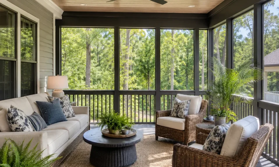 Realistic editorial photo of a screened porch with sofa, chairs, rug, plants, ceiling fan, screens, and soft daylight showing porch ceiling that looks finished