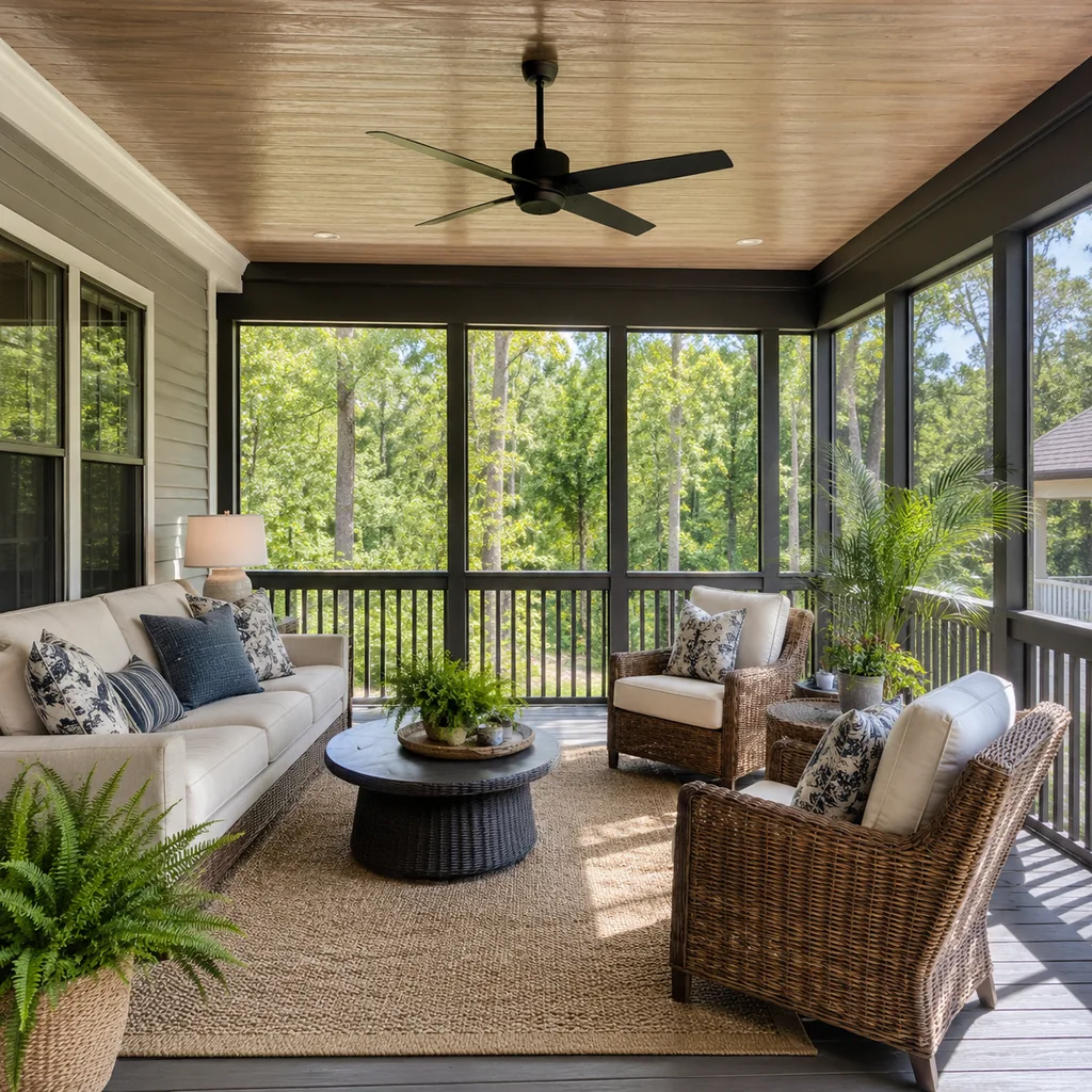 Realistic editorial photo of a screened porch with sofa, chairs, rug, plants, ceiling fan, screens, and soft daylight showing porch ceiling that looks finished