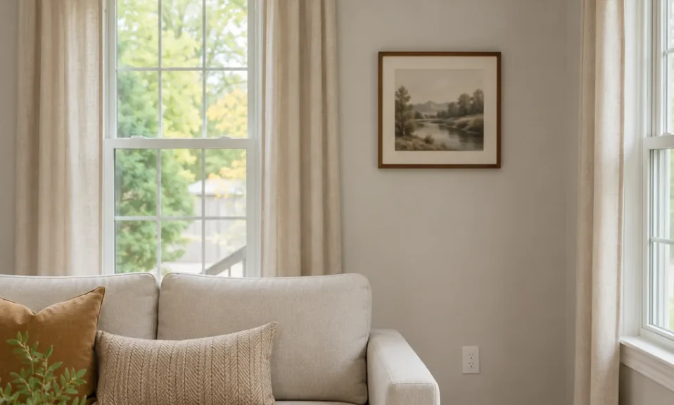 Realistic editorial photo of a small American room with windows, curtains, rods