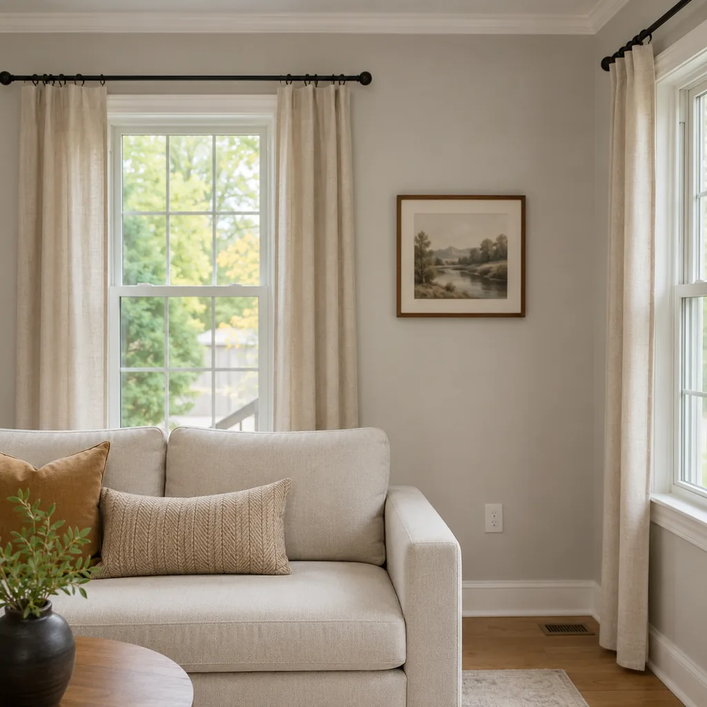 Realistic editorial photo of a small American room with windows, curtains, rods