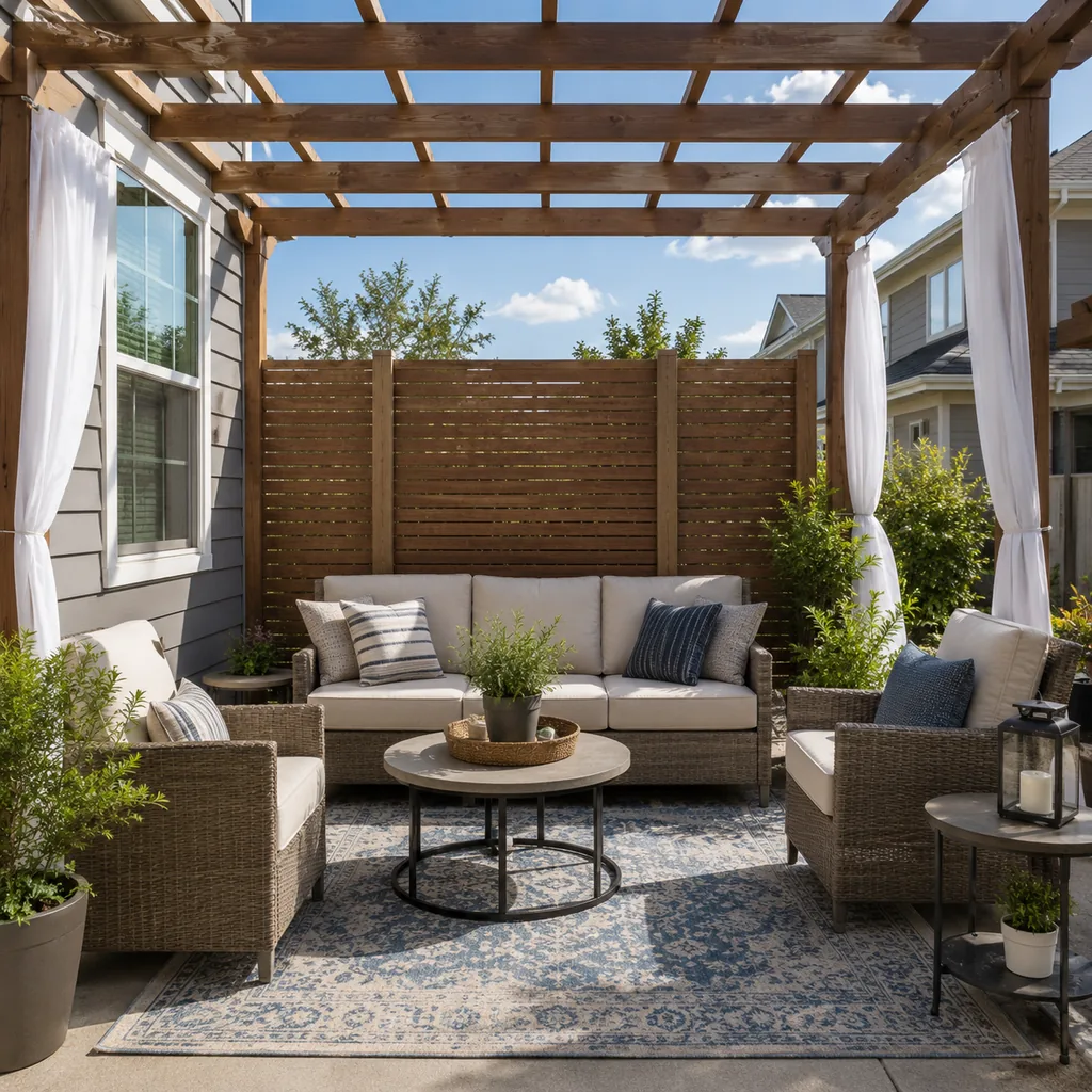 Realistic editorial photo of a small patio with compact seating, outdoor rug, plants, side table, curtains, and privacy screen showing pergola with no real shad