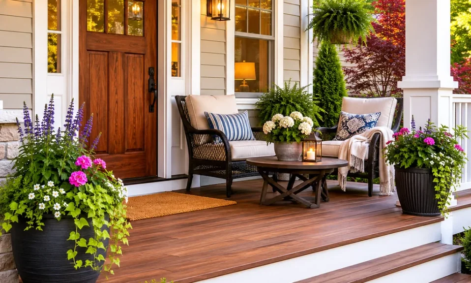 Realistic editorial photo of an American front porch with siding, steps, planters, seating, and a visible front door showing furniture angled for conversation