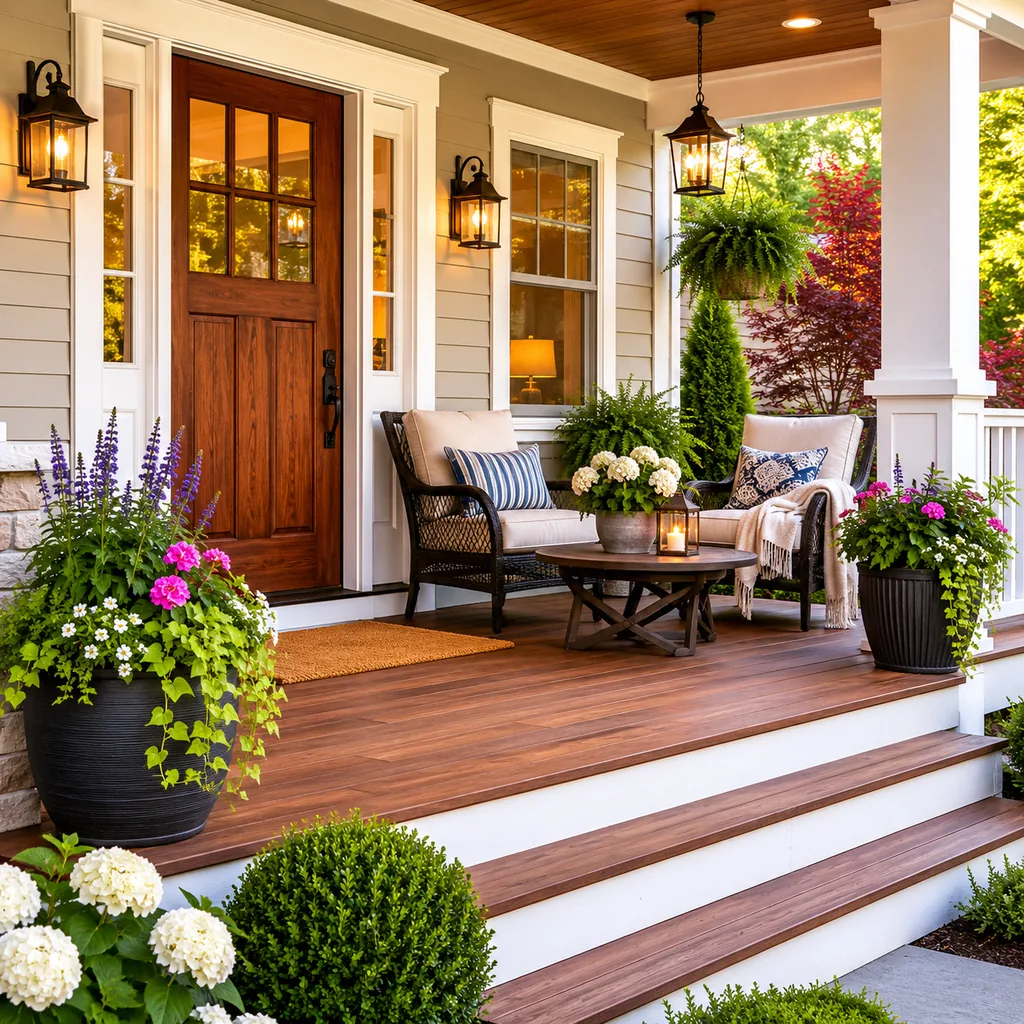 Realistic editorial photo of an American front porch with siding, steps, planters, seating, and a visible front door showing furniture angled for conversation