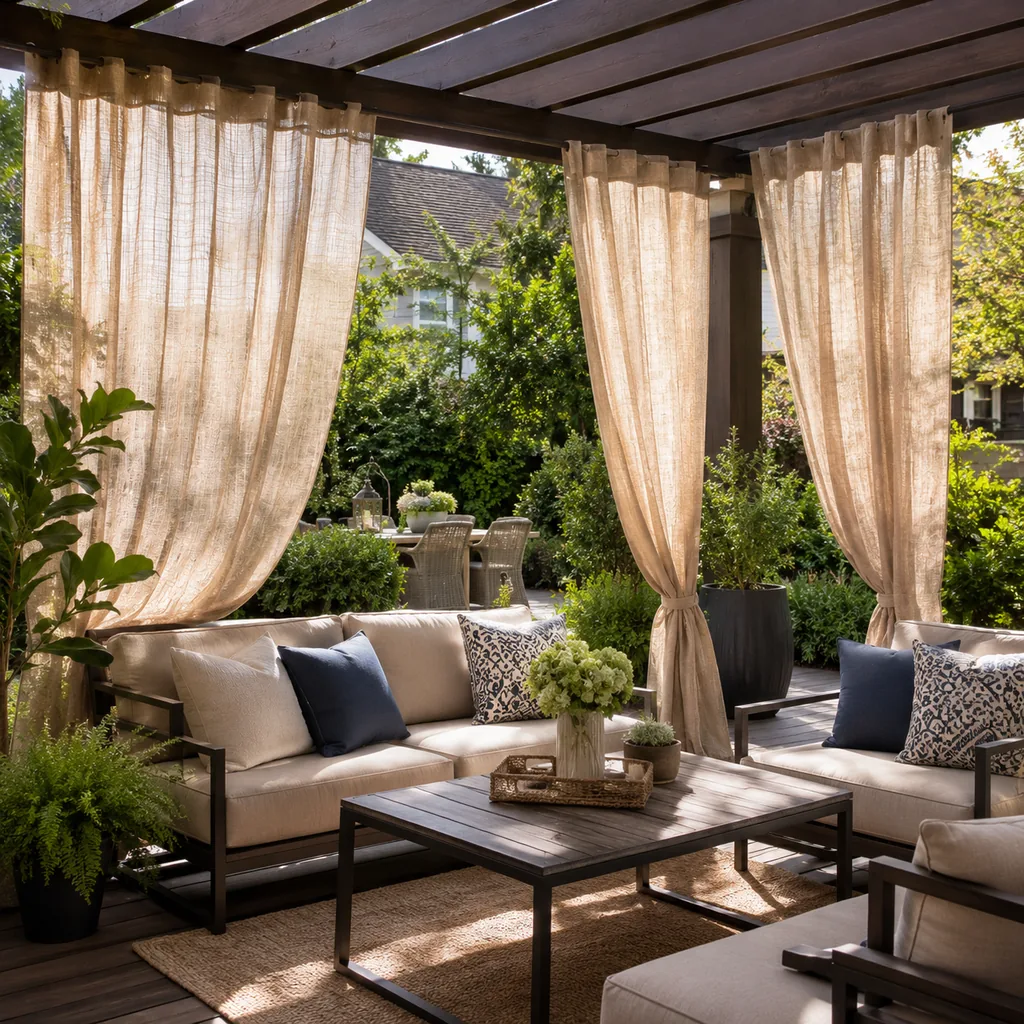 Realistic editorial photo of an outdoor patio with pergola curtains, seating, plants, fabric panels, and sunlight showing fabric that looks thin at night
