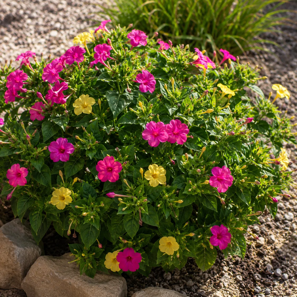 Realistic editorial photo of Four o clocks growing in sunny drought tolerant flower bed in summer heat, realistic editor