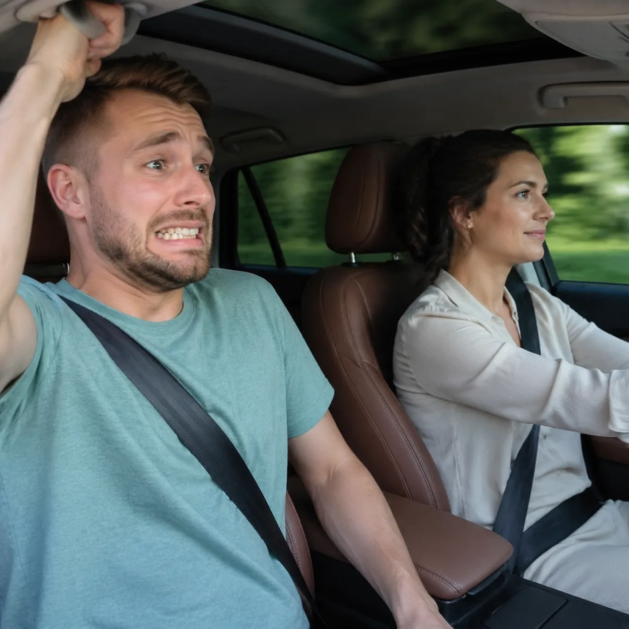 Realistic lifestyle photo of a husband in the passenger seat gripping the door handle while his wife drives calmly
