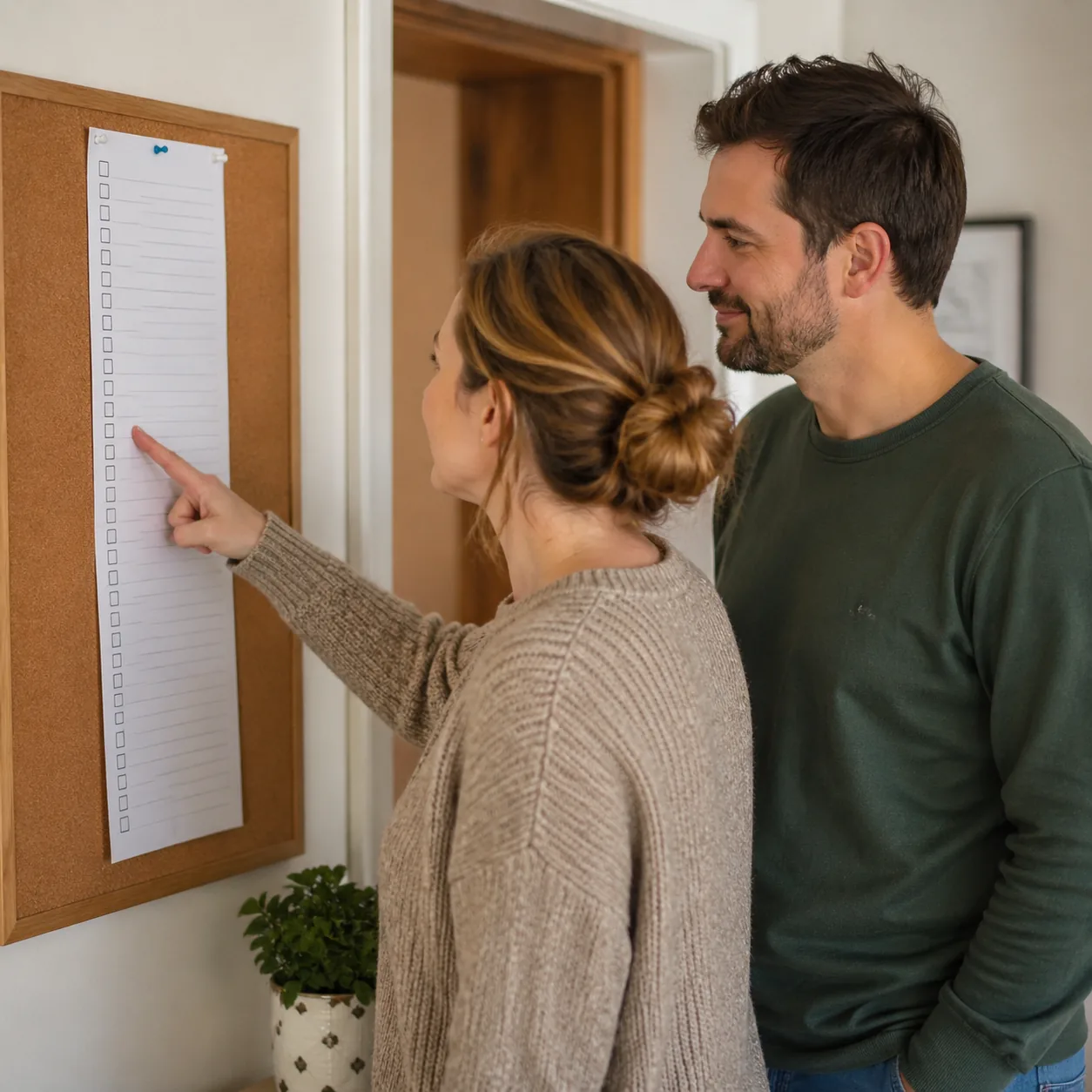 Realistic lifestyle photo of a wife pointing at a long household to-do list pinned on a corkboard, husband glancing at i