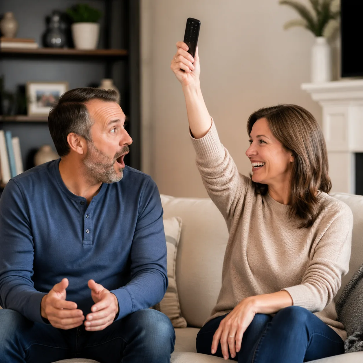 Realistic photo of a wife holding up a missing wallet or remote with a triumphant smile while husband looks amazed, cozy