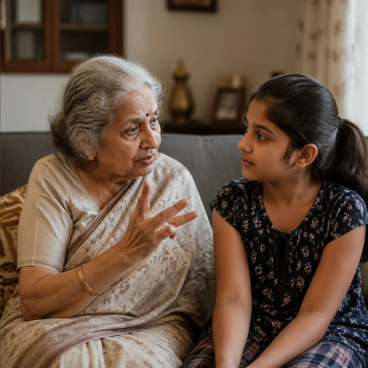 Warm editorial photo of a grandmother and granddaughter sitting together on a sofa, grandmother gesturing thoughtfully w