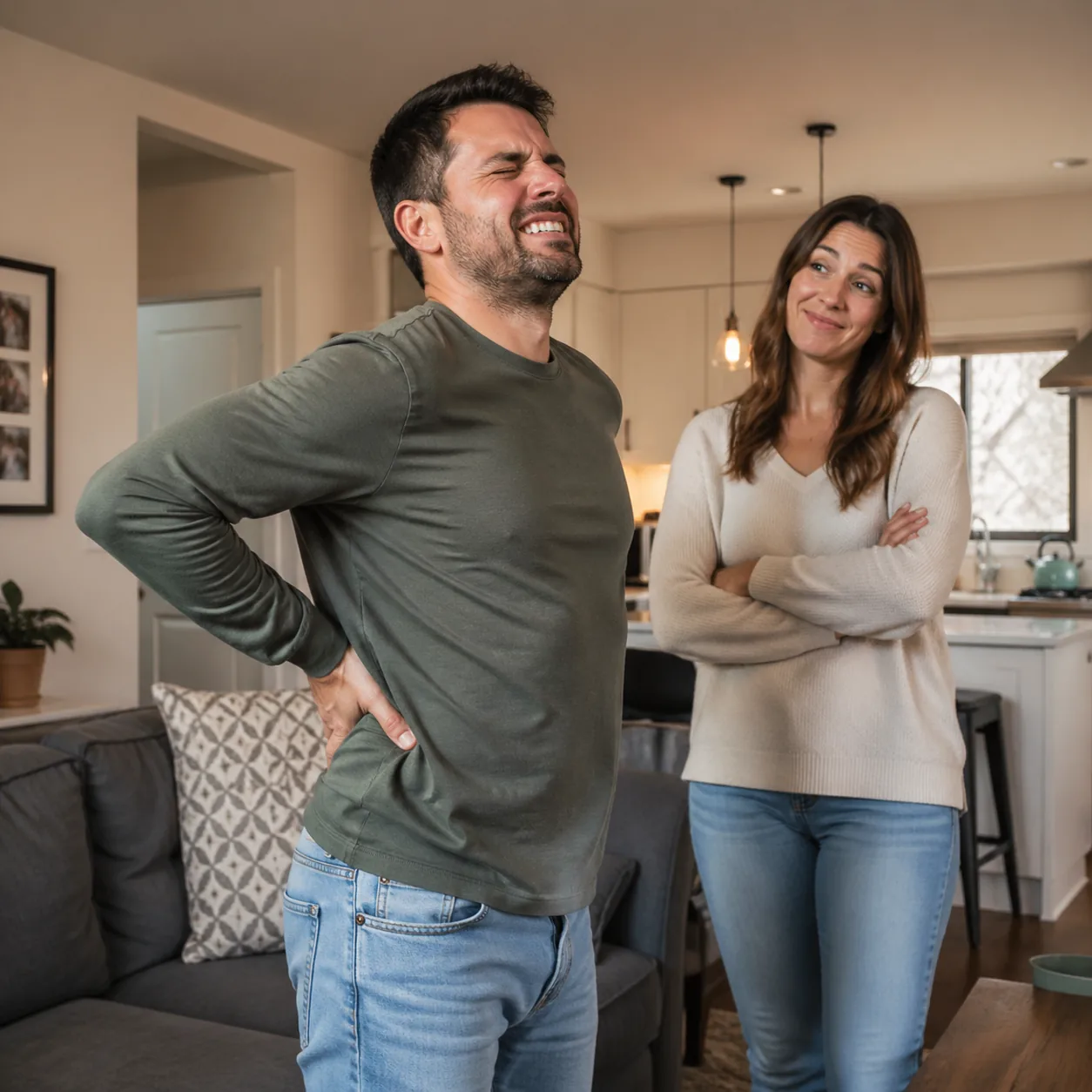 Funny realistic lifestyle photo of a husband holding his lower back dramatically while his wife smiles knowingly