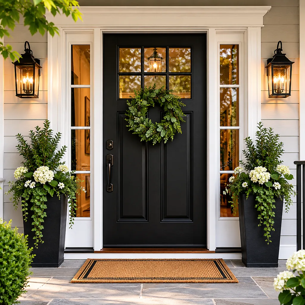 Realistic editorial photo of a black front door on an American home with trim, planters, hardware, and porch details showing symmetry where the entry needs calm