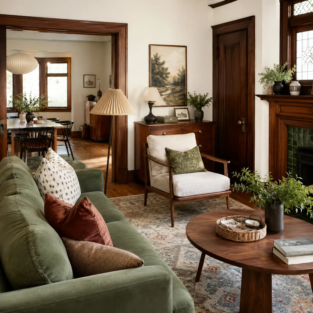 Realistic editorial photo of a home interior with vintage decor, modern furniture, warm wood, patterned accents, and layered lighting showing trend skipped beca