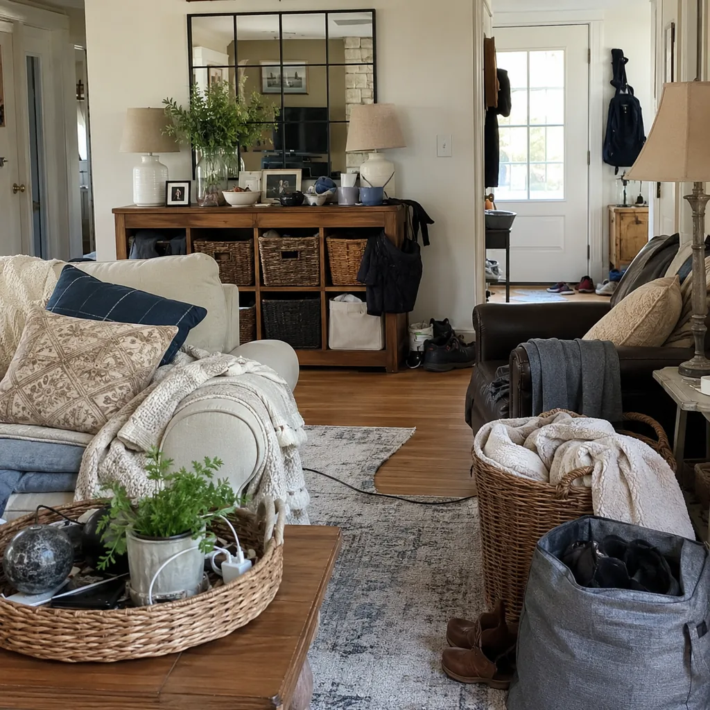Realistic editorial photo of a living room with crowded surfaces, extra chairs, baskets, blankets, cords, and storage furniture showing entry items spread acros