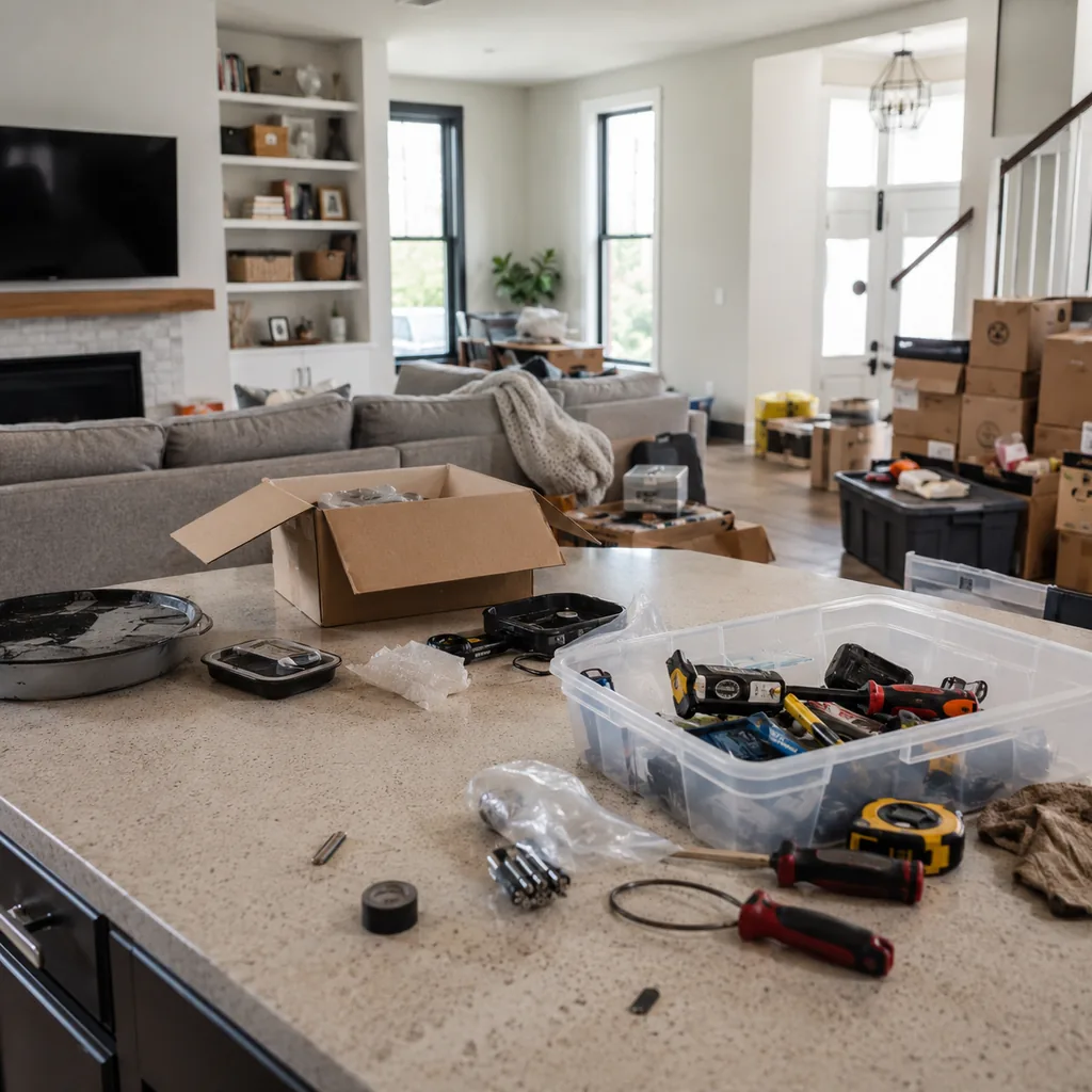 Realistic editorial photo of a realistic cluttered living room and kitchen area with boxes, counters, shelves, and organizing bins showing tools without a fast 