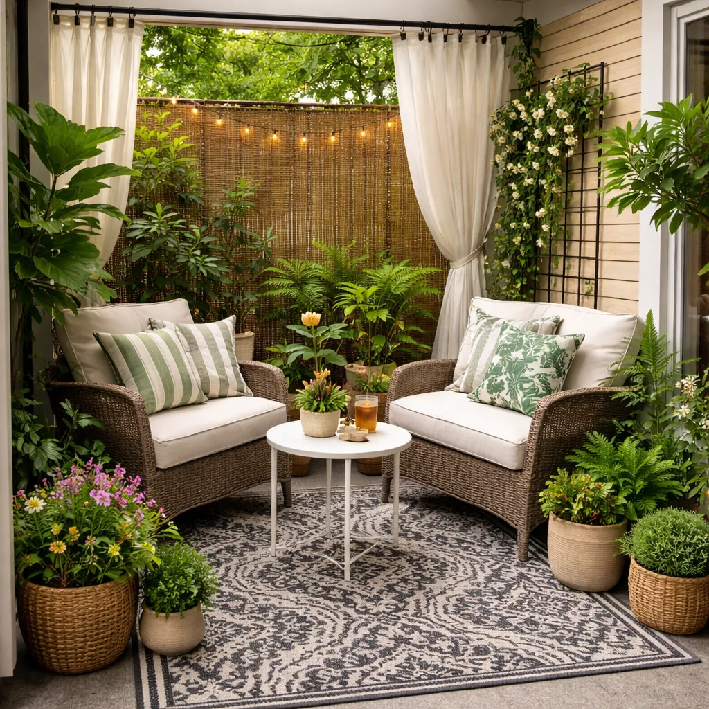 Realistic editorial photo of a small patio with compact seating, outdoor rug, plants, side table, curtains, and privacy screen showing small patio trying to do