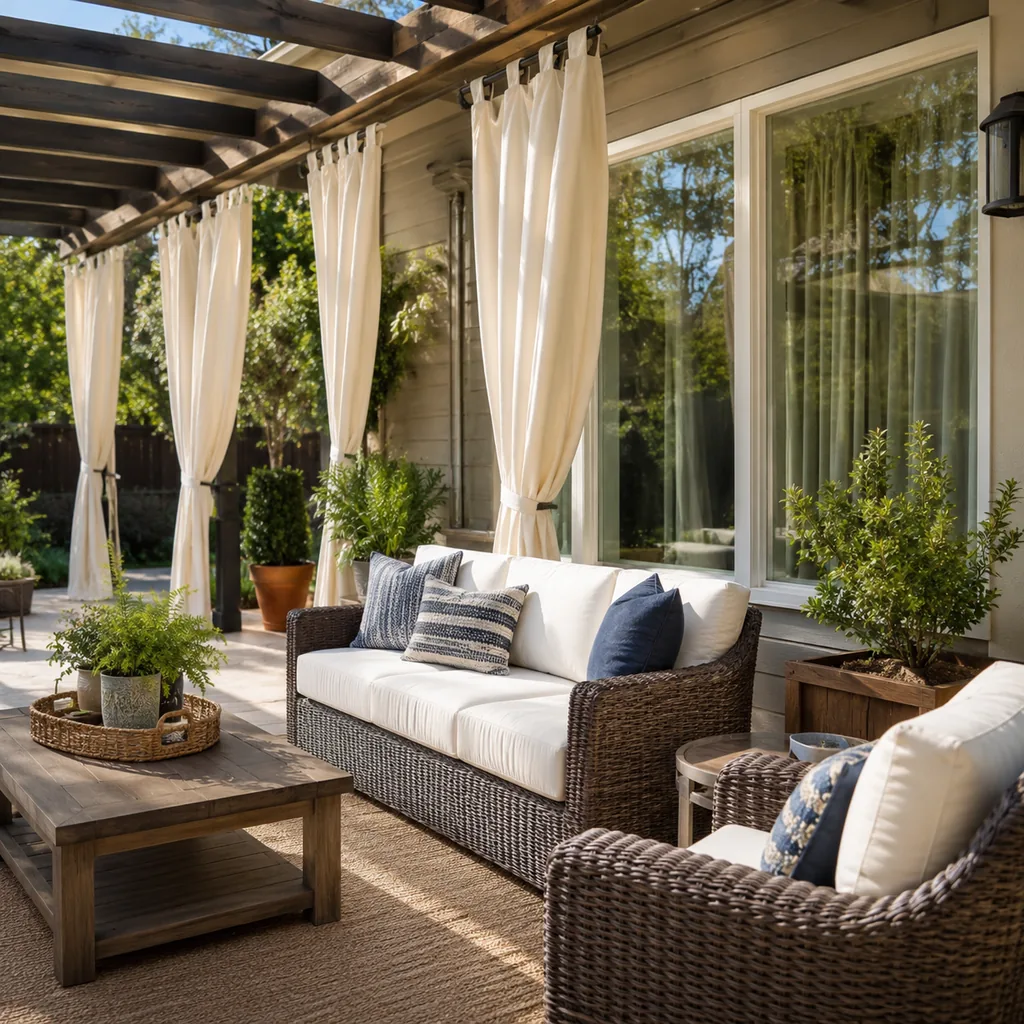 Realistic editorial photo of an outdoor patio with pergola curtains, seating, plants, fabric panels, and sunlight showing no lining on sunny windows