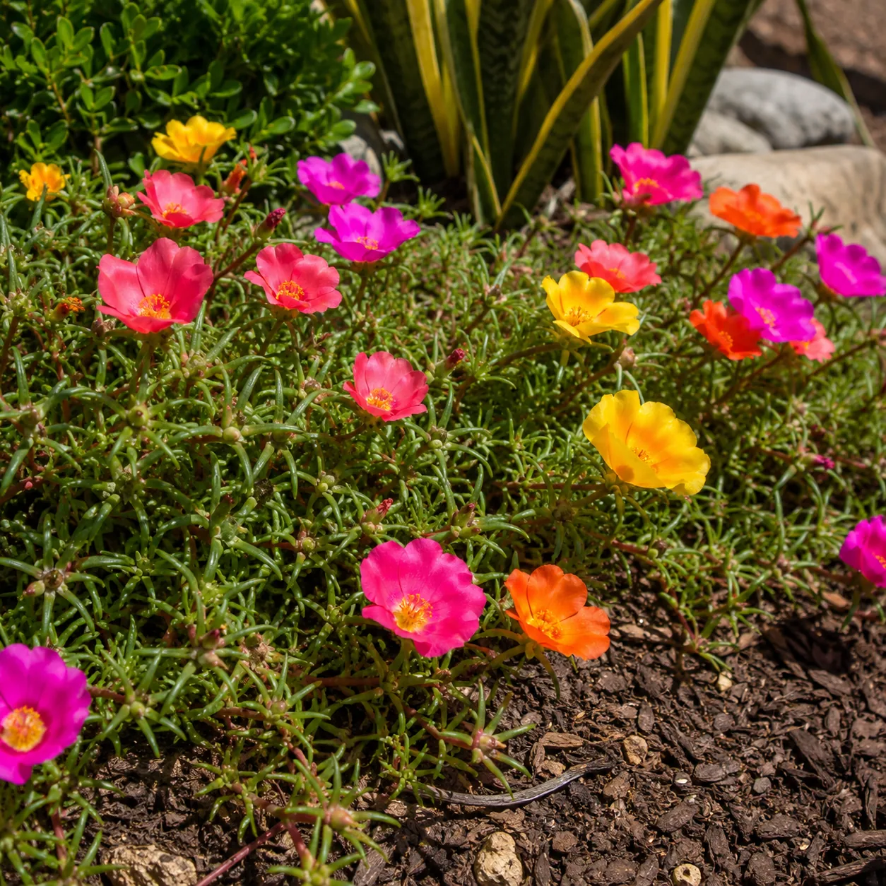 Realistic editorial photo of Moss rose growing in sunny drought tolerant flower bed in summer heat, realistic editorial 