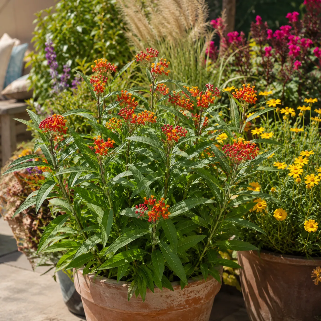 Realistic editorial photo of Tropical milkweed with caution growing in sunny patio containers with heat tolerant floweri