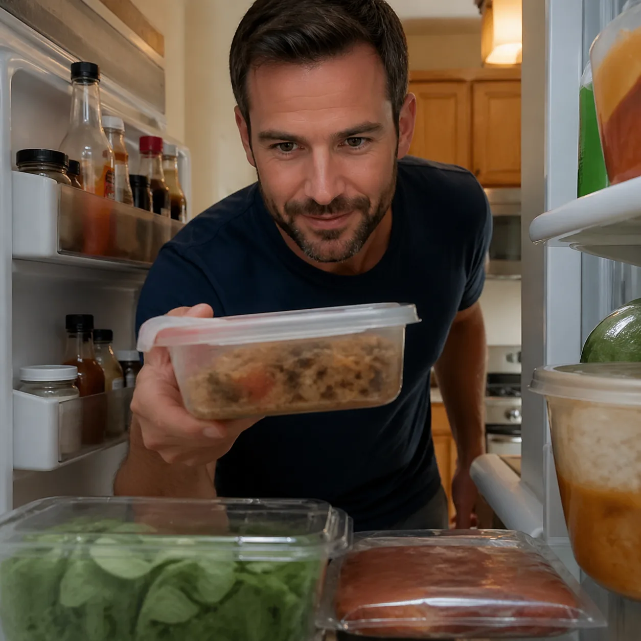 Realistic lifestyle photo of a husband peeking into a fridge with a tupperware container of leftovers